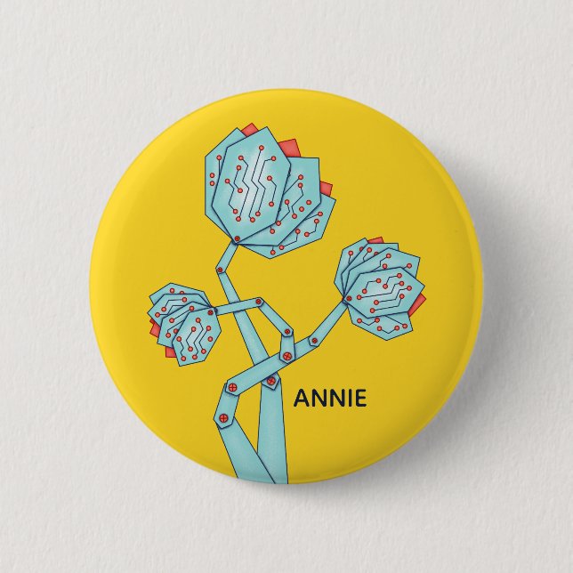 Circuit Board Mechanical Flowers Geek Girl Name Button (Front)