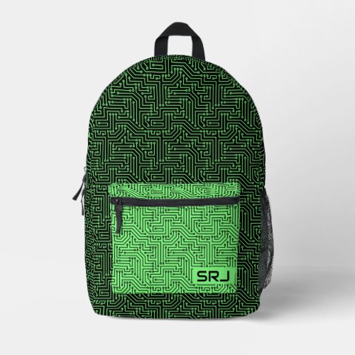Circuit Board Neon Green Black Custom Monogram Printed Backpack