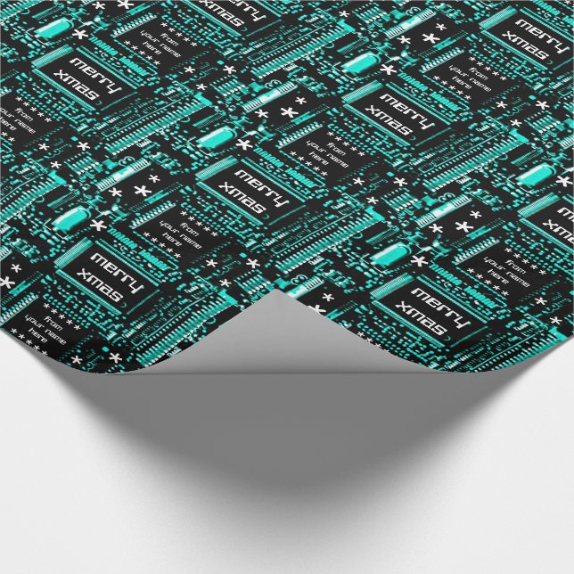 Circuit Light Blue 'Merry Xmas from...' gift wrap (Corner)