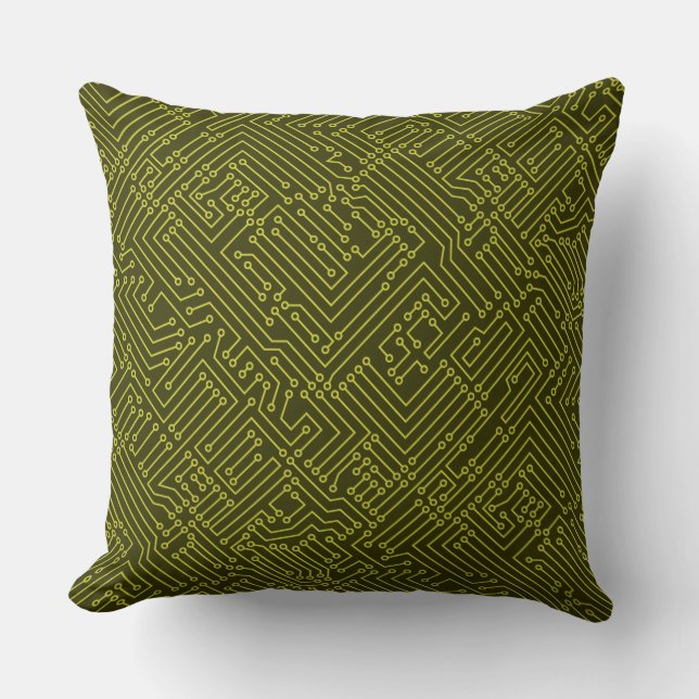 Circuitry - Banana Yellow on Dark Olive Throw Pillow (Front)