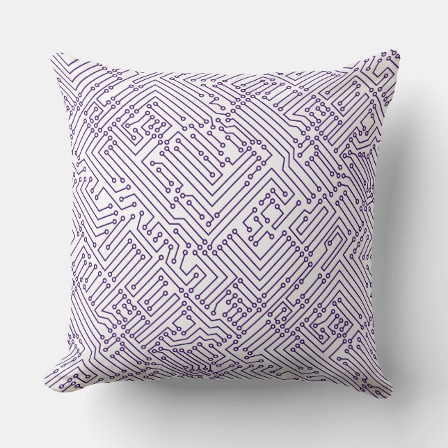 Circuitry - Deep Purple on White Throw Pillow (Front)