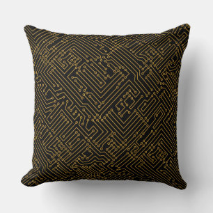 Circuitry - Gold Brown on Black Throw Pillow