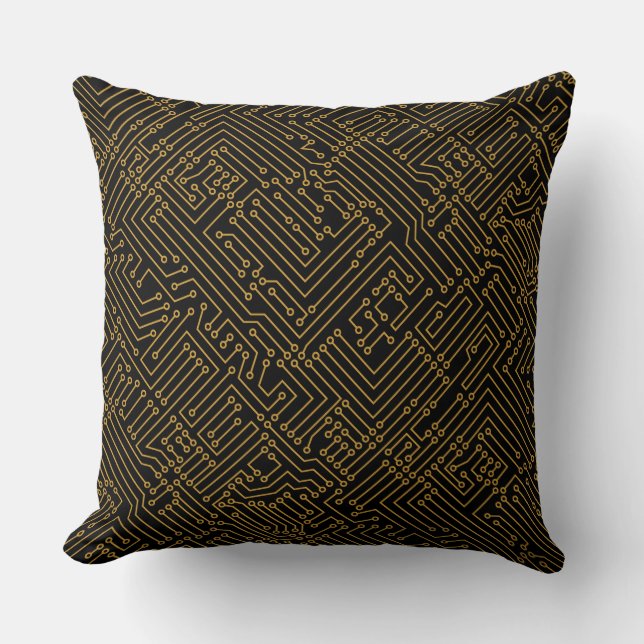 Circuitry - Gold Brown on Black Throw Pillow (Front)