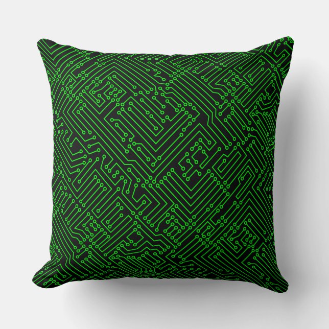 Circuitry - Green on Black Throw Pillow (Front)
