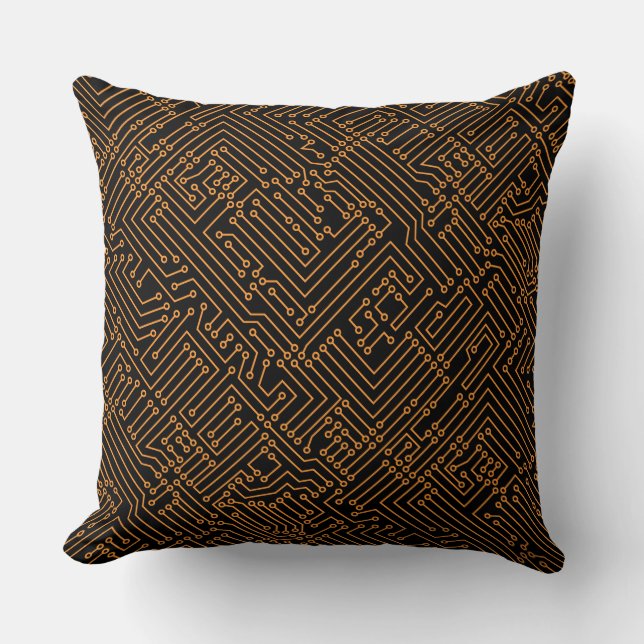 Circuitry - Light Orange on Black Throw Pillow (Front)