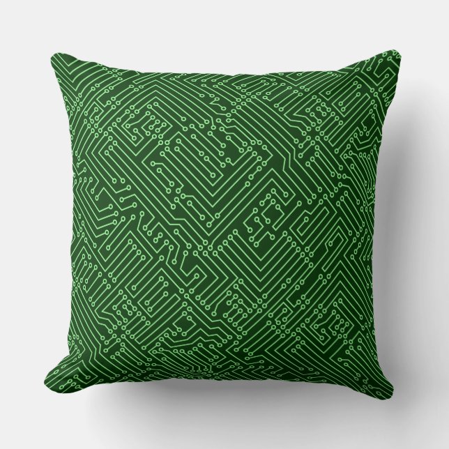 Circuitry - Mint Green on Dark Forest Green Throw Pillow (Front)
