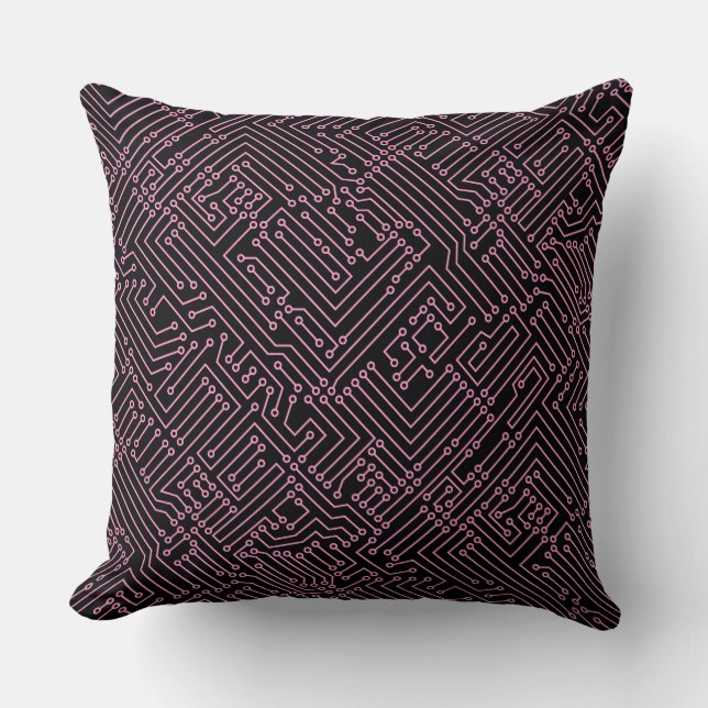 Circuitry - Pink on Black Throw Pillow (Front)