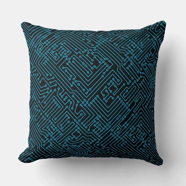 Circuitry - Sky Blue on Black Throw Pillow (Front)