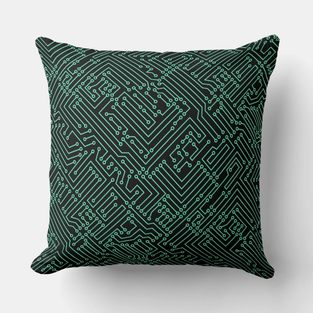 Circuitry - Turquoise on Black Throw Pillow (Front)
