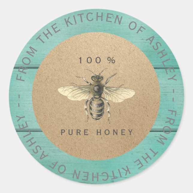 Circular 100%Homemade Honey Kitchen Kraft Bee Mint Classic Round Sticker (Front)