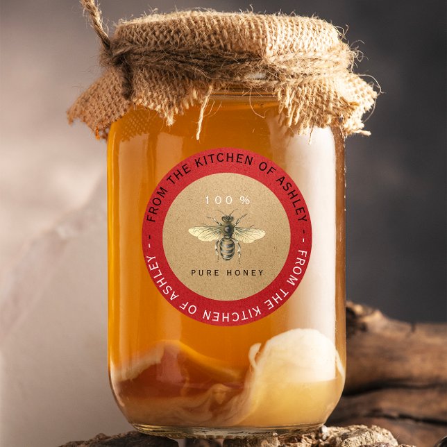 Circular 100%Homemade Honey Kitchen Kraft Bee Red Classic Round Sticker (Circular 100%Homemade Honey Kitchen Kraft Bee Red Classic Round Sticker)