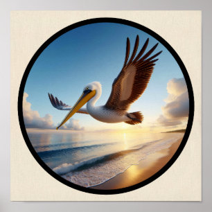 Circular 3D Image of a Beautiful Brown Pelican Poster