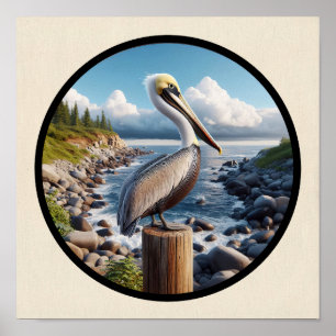 Circular 3D Image of a Beautiful Brown Pelican Poster