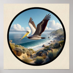Circular 3D Image of a Beautiful Brown Pelican Poster