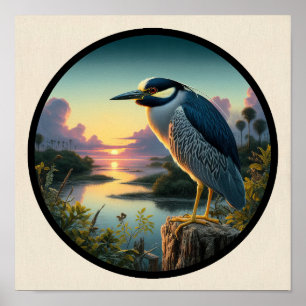 Circular 3D Image of a Yellow-crowned Night Heron Poster