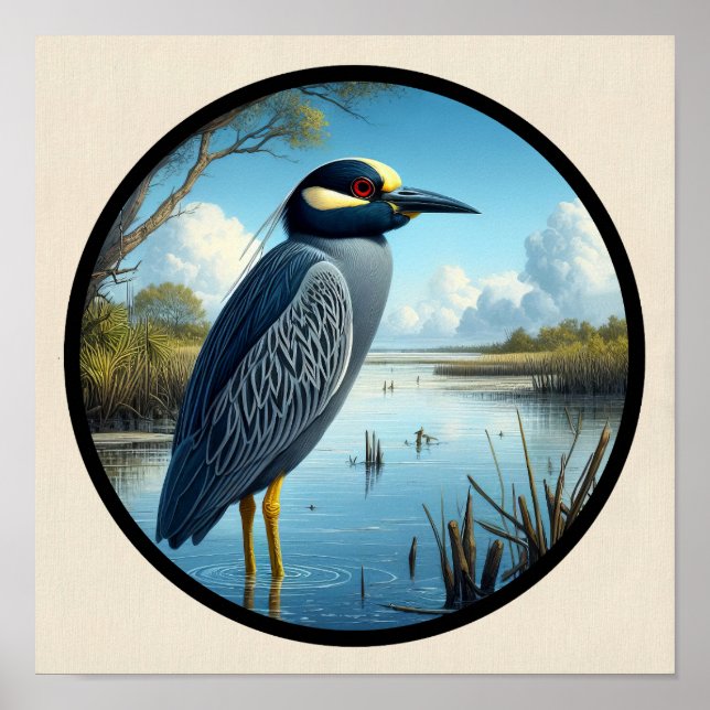 Circular 3D Image of a Yellow-crowned Night Heron Poster (Front)