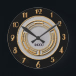 Circular Art Deco Wall Round Clock<br><div class="desc">I have created another Art Deco Style Clock. This is a wall clock measuring 8 x 8 inches. I have used typical art deco colors, gold, black and gray. The circular pattern in the middle is from an Art Deco template which I colored in gold. This would suit most homes....</div>