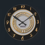 Circular Art Deco Wall Round Clock<br><div class="desc">I have created another Art Deco Style Clock. This is a wall clock measuring 8 x 8 inches. I have used typical art deco colors, gold, black and gray. The circular pattern in the middle is from an Art Deco template which I colored in gold. This would suit most homes....</div>
