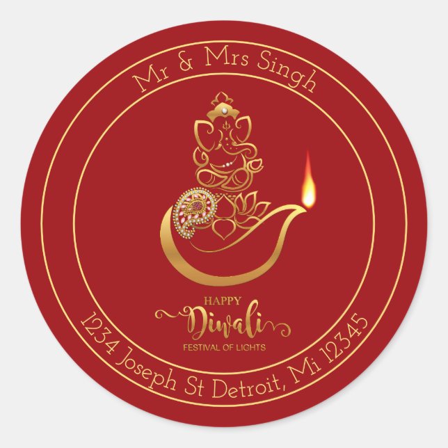 Circular Diwali Sticker with Ganesha & Gold Accent (Front)