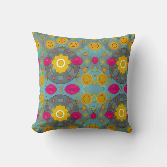 Circular flowers orange fuchsia green throw pillow (Front)