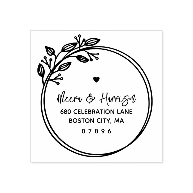 Circular Frame Floral Wedding Address Rubber Stamp (Imprint)