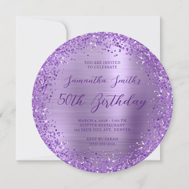 Circular Glittery Purple Foil 50th Birthday Invitation (Front)