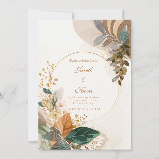 Circular Gold Forest Green Botanical Wedding Invitation (Front)