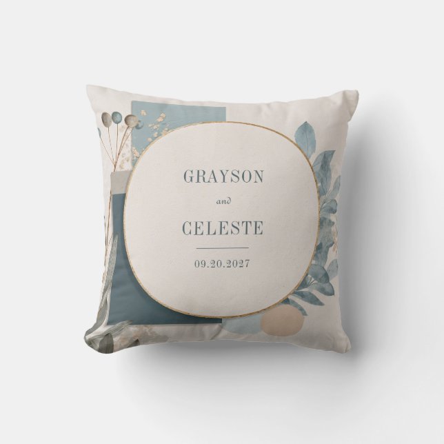 Circular Gold Frame Dusty Blue Botanical Abstract Throw Pillow (Front)