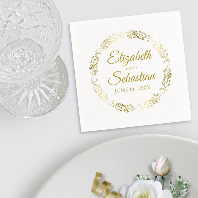 Circular Gold Lace Filigree Simple Elegant Wedding Napkins (In Situ with Plate)