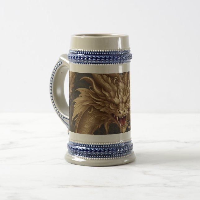 Circular Golden Dragon Portrait on Deep Blue Beer Stein (Front Left)