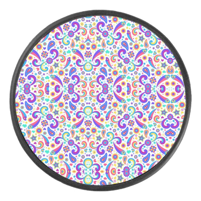 Circular item with a vibrant, symmetrical purple hockey puck (Front)