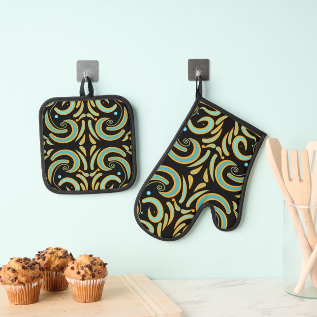 Circular, Linear And Tapered Shapes Abstract Art Oven Mitt & Pot Holder Set (Insitu(Hanging))
