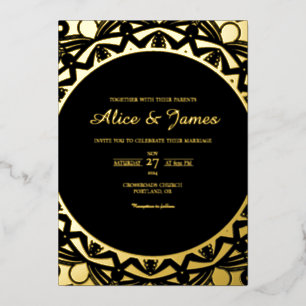Circular Mandala Elegant Black Gold Foil Wedding Invitation