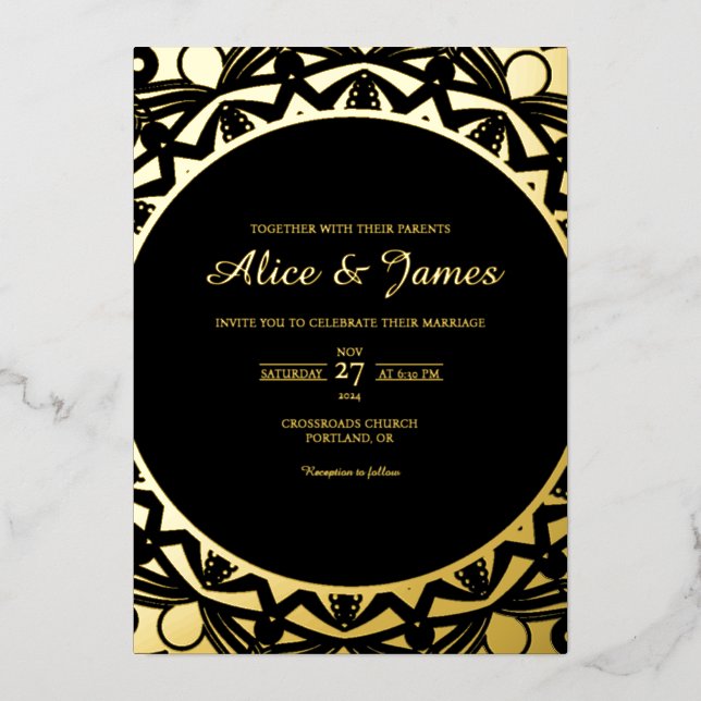 Circular Mandala Elegant Black Gold Foil Wedding Invitation (Front)