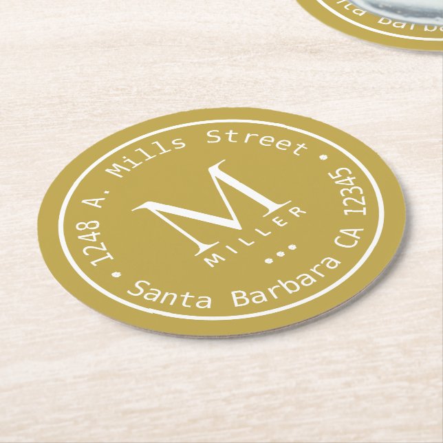 Circular Monogram and Address ocher yellow Round Paper Coaster (Angled)