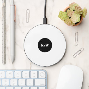 Circular monogram black and white modern initials wireless charger