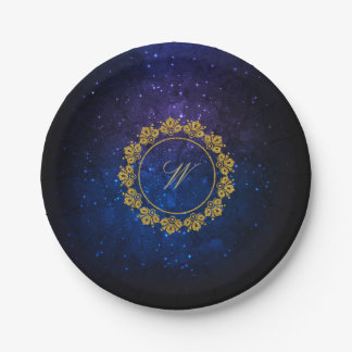 Circular Pattern Monogram on Blue Galaxy Paper Plates