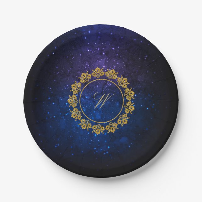 Circular Pattern Monogram on Blue Galaxy Paper Plates (Front)
