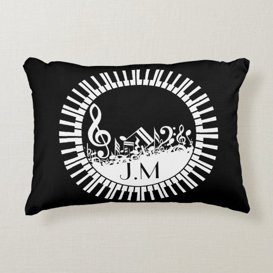 Circular Piano Keys and Jumbled Music Notes Accent Pillow
