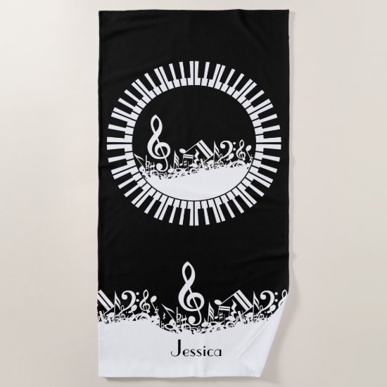Circular Piano Keys and Jumbled Music Notes Beach Towel