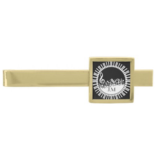 Circular Piano Keys and Jumbled Music Notes Gold Finish Tie Clip