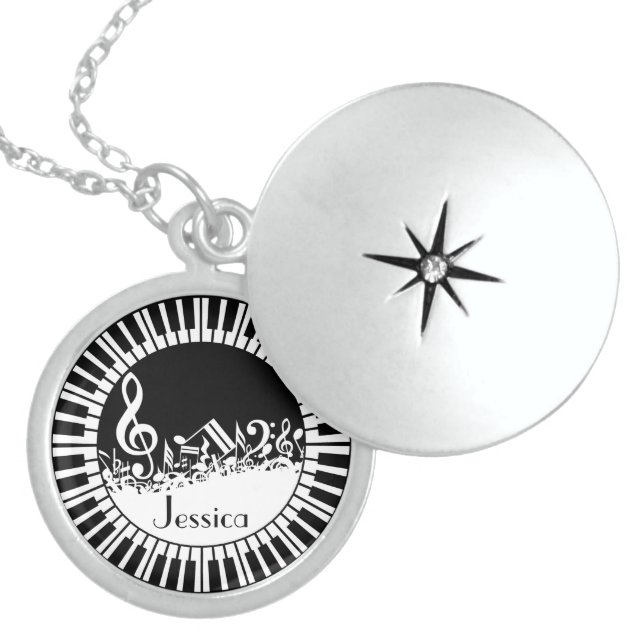 Circular Piano Keys and Jumbled Music Notes Sterling Silver Necklace (Front)