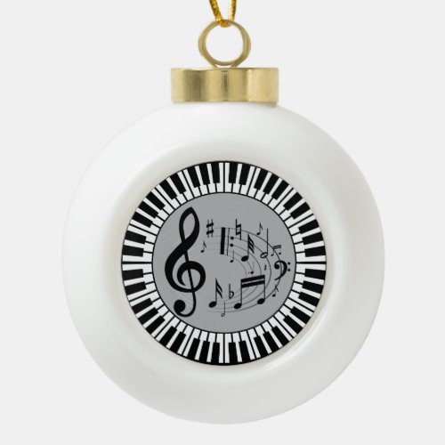 Circular Piano Keys And Music Notes Ceramic Ball Christmas Ornament