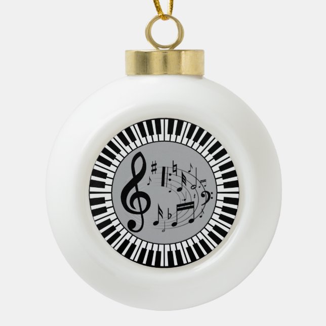 Circular Piano Keys And Music Notes Ceramic Ball Christmas Ornament (Front)