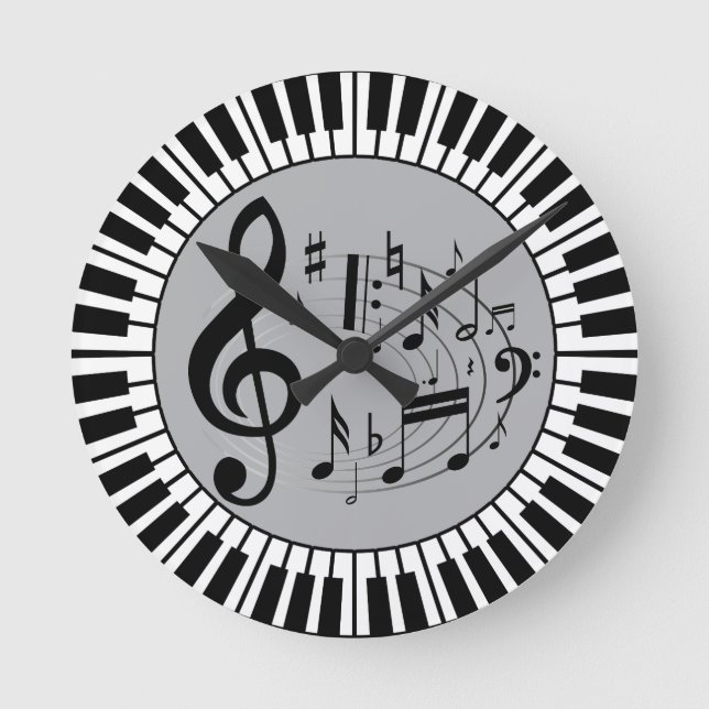 Circular Piano Keys And Music Notes Round Clock (Front)