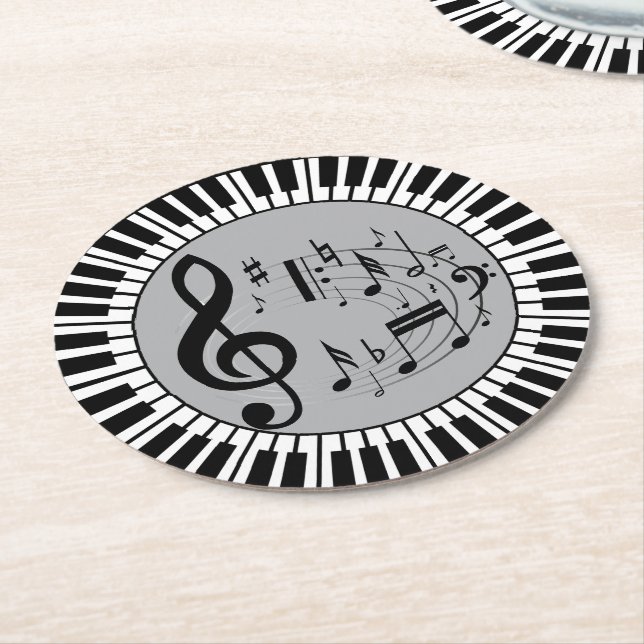 Circular Piano Keys And Music Notes Round Paper Coaster (Angled)