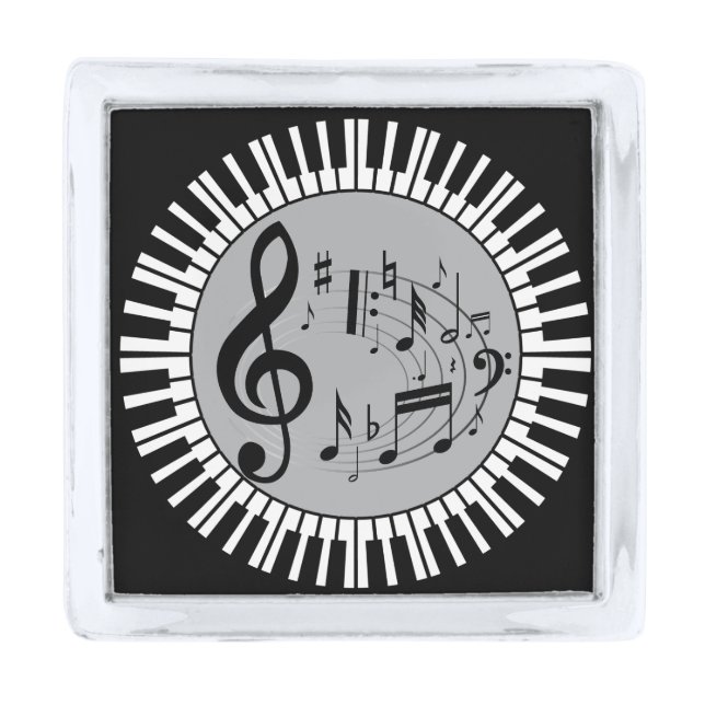 Circular Piano Keys And Music Notes Silver Finish Lapel Pin (Front)