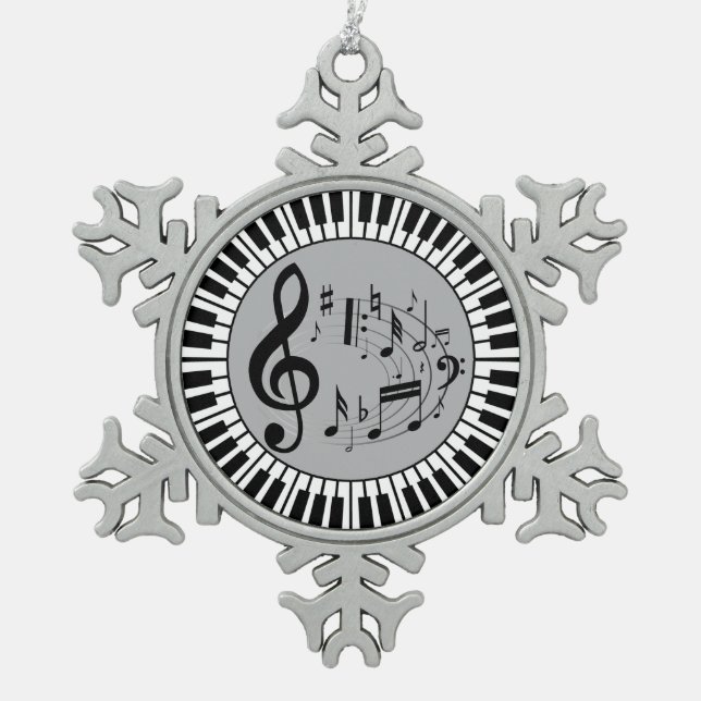 Circular Piano Keys And Music Notes Snowflake Pewter Christmas Ornament (Front)