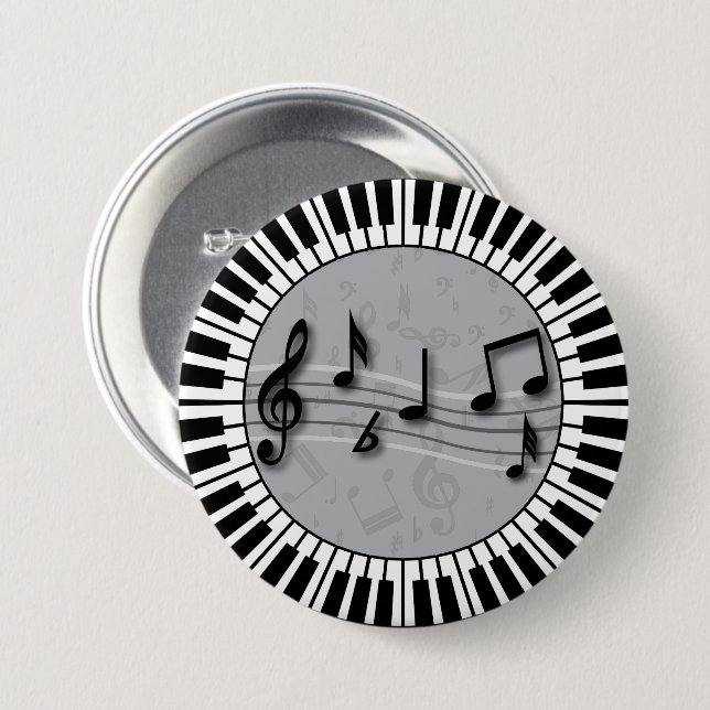 Circular Piano keys with musical notes centre Pinback Button (Front & Back)