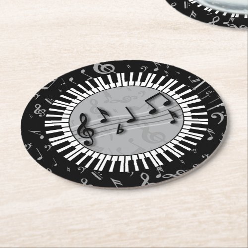 Circular Piano keys with musical notes centre Round Paper Coaster